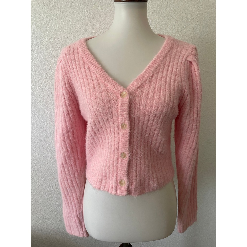 Mango Cropped Cardigan Sweater Women S Fuzzy Puff Sleeve